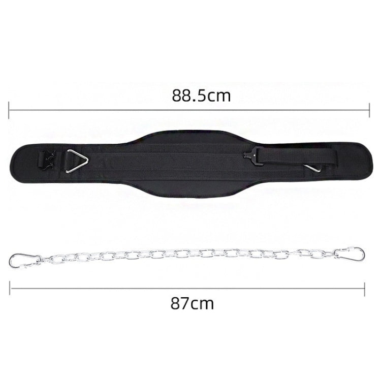 Black weighted belt with long steel chain and end hooks, with metal buckle