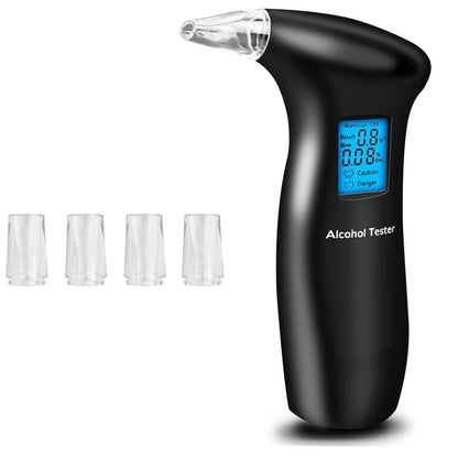 Black handheld breath alcohol tester with LCD display and 4 clear mouthpieces