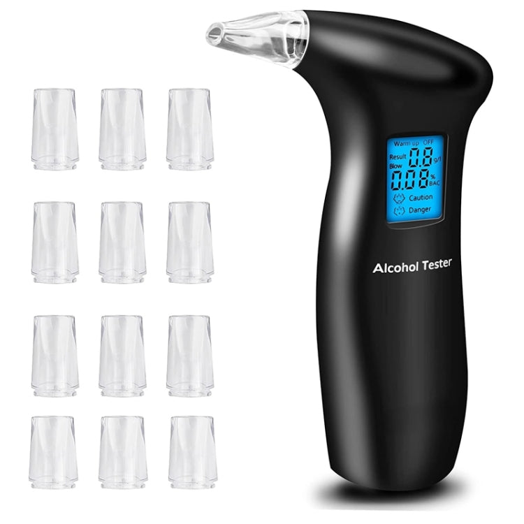Black handheld breath alcohol tester with LCD display and 12 clear mouthpieces