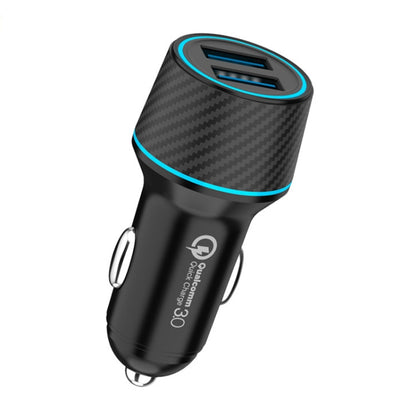 Dual car cigarette lighter charger with carbon-fiber pattern, blue LED ring, two USB-A ports