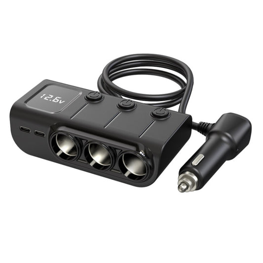 Car cigarette lighter USB splitter with three sockets, voltage display, and charging cable