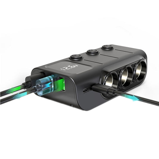 Car cigarette lighter USB charger with green-lit indicator, LCD display, and triple outlets
