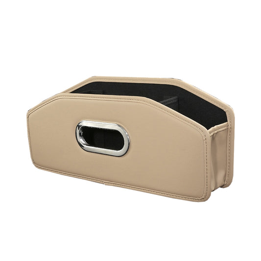 Beige car seatback tissue box organizer with oval handle opening