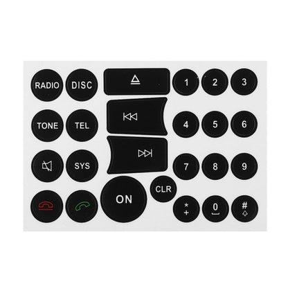 Radio button repair sticker sheet with black keypad-style buttons and icons
