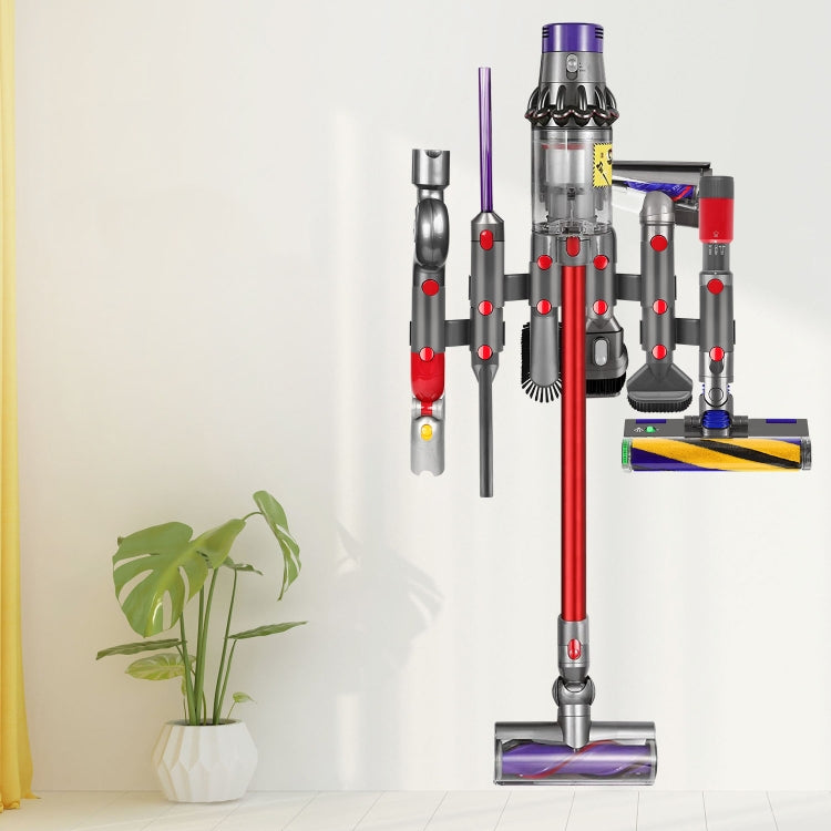 Wall-mounted vacuum storage rack holding multiple stick vacuum parts and brush heads