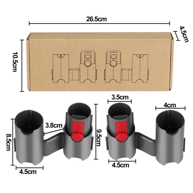 Vacuum rack extension bracket dimensions: two grey cup holders with red center tabs