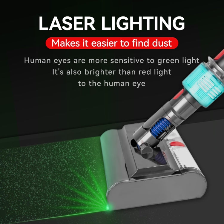 Wet vacuum mopping head with blue roller and green laser light beam on the floor.