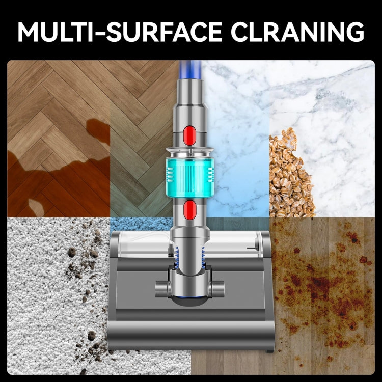 Wet vacuum mopping head with blue roller shown cleaning multiple floor surfaces.
