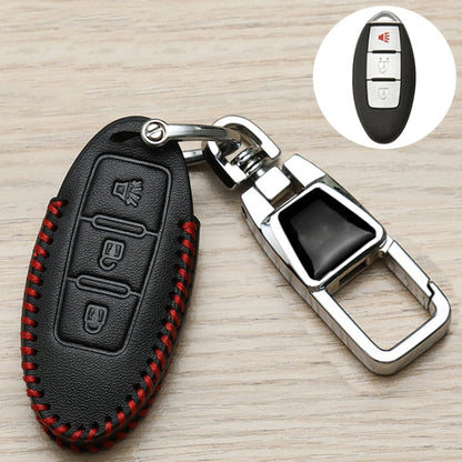 Black leather car key fob cover with red stitching and metal keychain ring, button cutouts