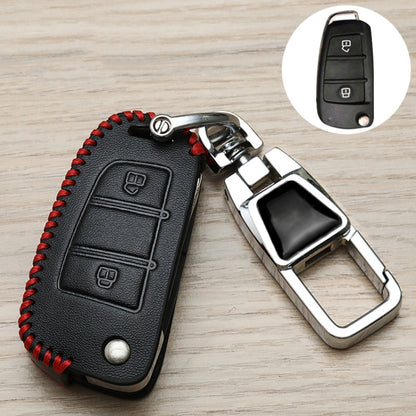 Black leather-style car key cover with red stitched edge and metal keychain clip