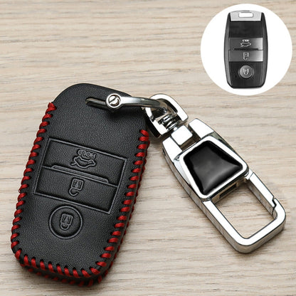 Black leather Kia key cover with red stitching, metal keyring clip, button panel
