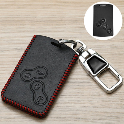 Black leather-style Renault key cover case with red stitching and metal keyring clip