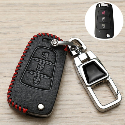 Black leather-look key fob cover with red stitching and metal keychain clip