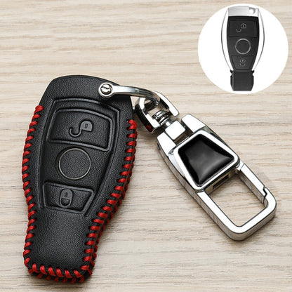 Black Mercedes key fob cover with red stitched edge and chrome metal keychain buckle