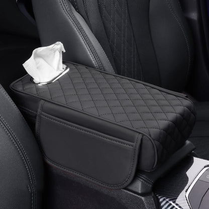 Car armrest box tissue holder booster pad in black with diamond-quilted top and side pocket