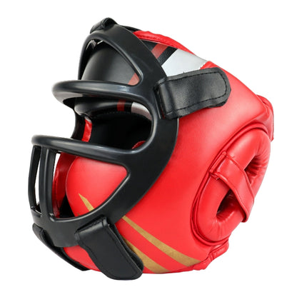 Red boxing sparring helmet with black face cage and padded chin guard