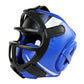 Blue boxing sparring helmet with black face cage and padded chin guard