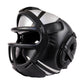 Black sparring boxing helmet with white stripe and padded side guards