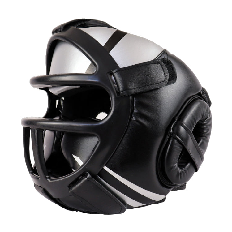 Black sparring boxing helmet with white stripe and padded side guards