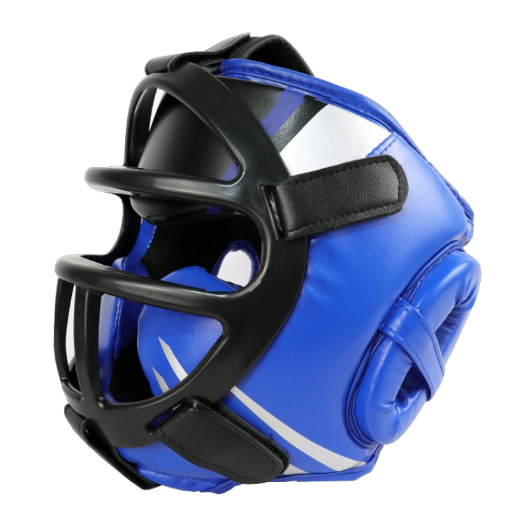 Blue boxing sparring helmet with black mask cage and ear padding