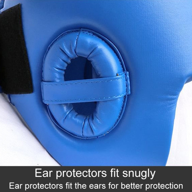 Blue boxing sparring helmet with ear protectors and face opening