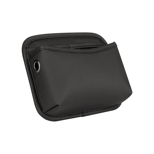 Black adhesive storage bag with front flap and metal grommet hole