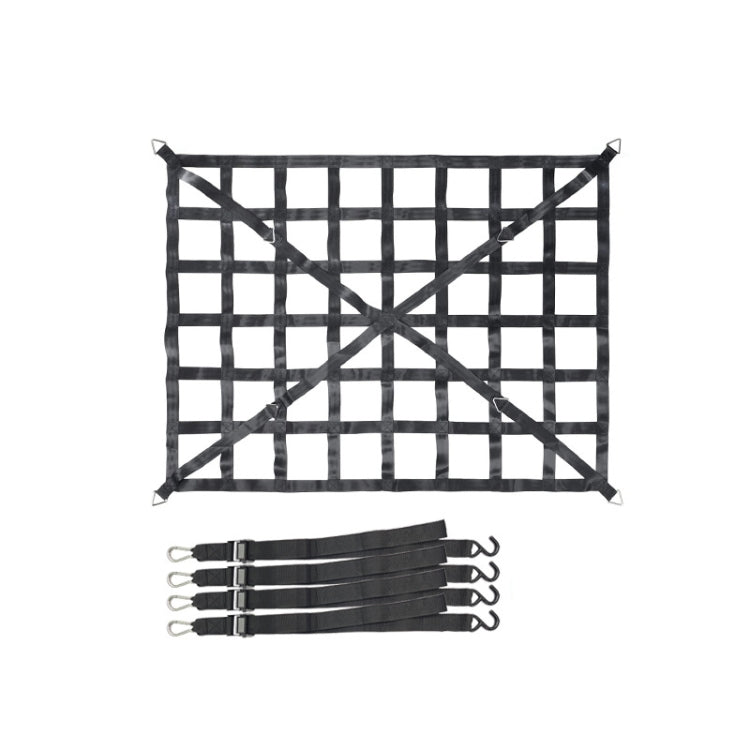 Black truck bed cargo net with crisscross mesh and multiple strap loops