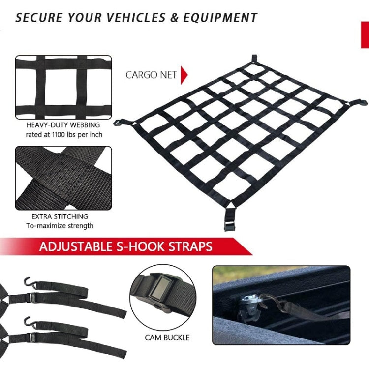 Black cargo net with adjustable S-hook straps for securing truck bed items