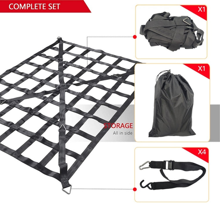 Complete set of black cargo net with storage bag and four adjustable strap assemblies