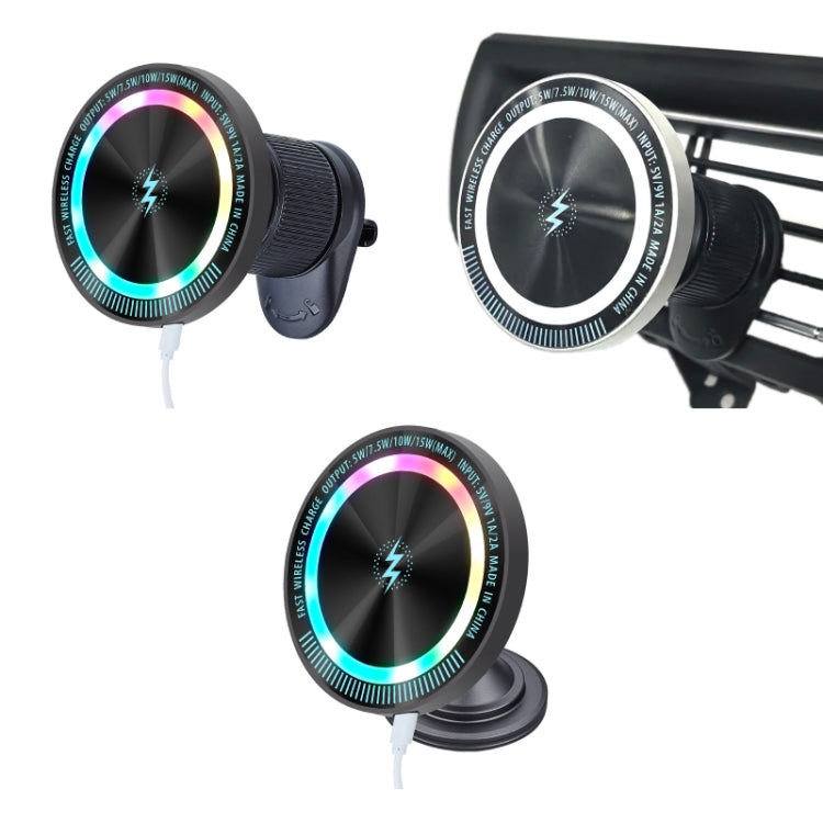 Dark gray wireless car phone charger with illuminated charging ring, multi-angle view