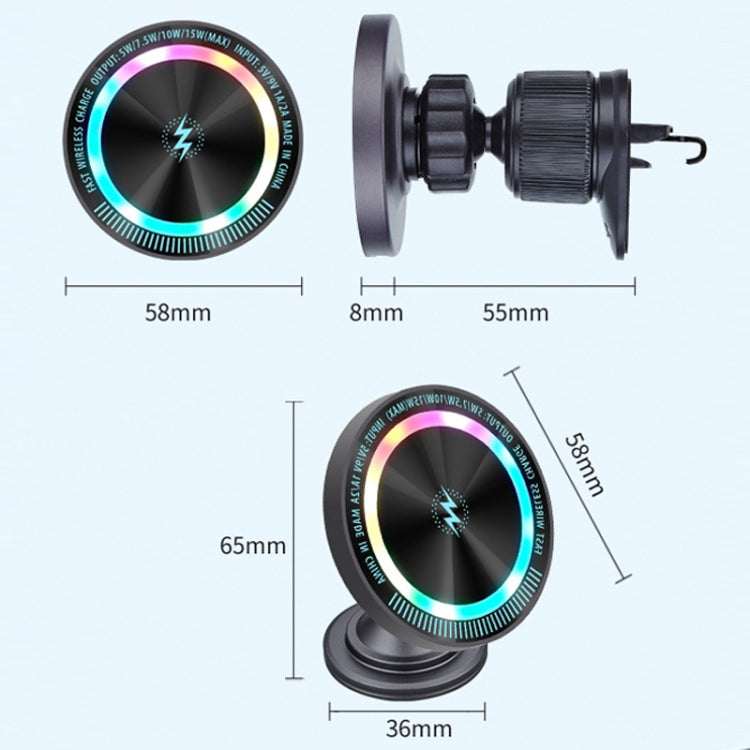 Dark gray wireless car phone charger with illuminated ring and mount size diagram