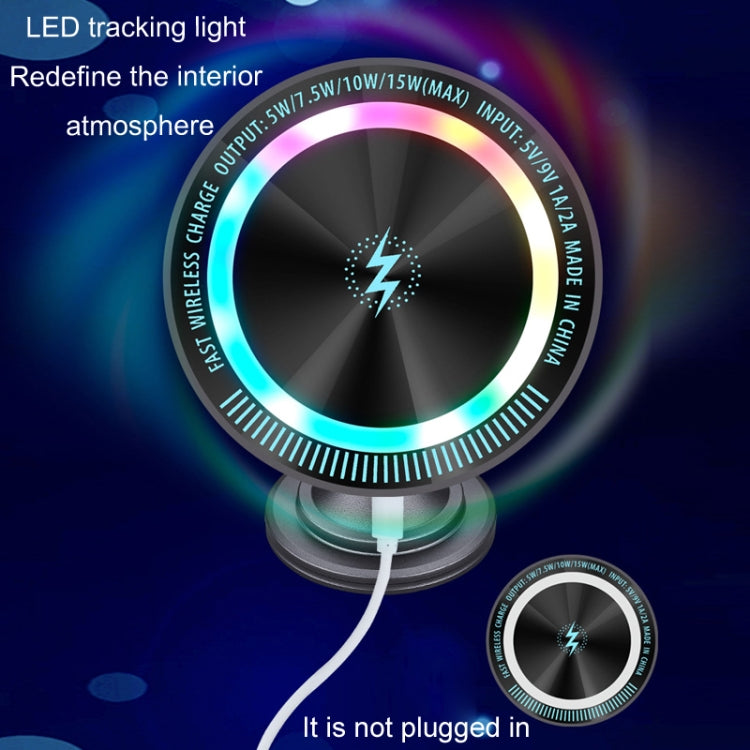 Dark gray MagSafe wireless car phone charger with glowing multicolor charging ring