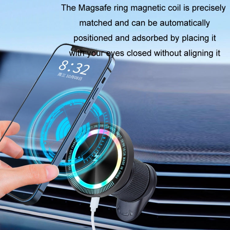Dark gray wireless car phone charger with phone aligned to the illuminated ring