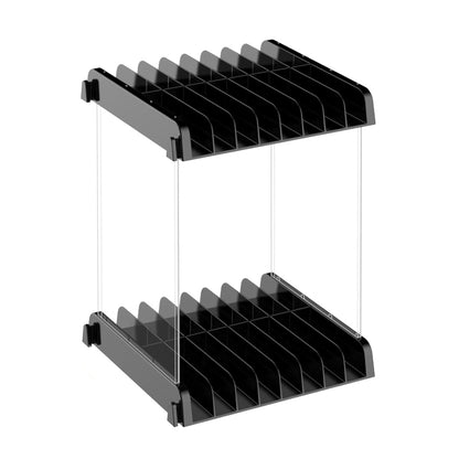 Wall-mounted 2-tier CD storage bracket with black disc slots and mounting hooks
