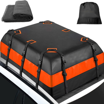 Waterproof roof storage bag, black with orange stripes and secured buckle straps