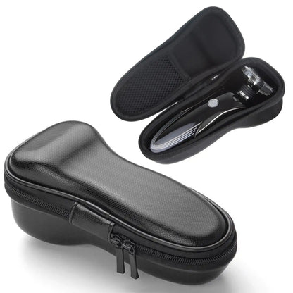 Waterproof razor storage bag with textured black exterior and zip closure, molded shape