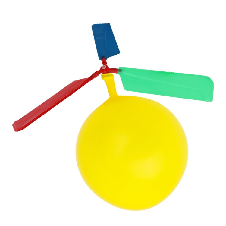 DIY balloon helicopter toy with yellow balloon body and multicolor propeller blades