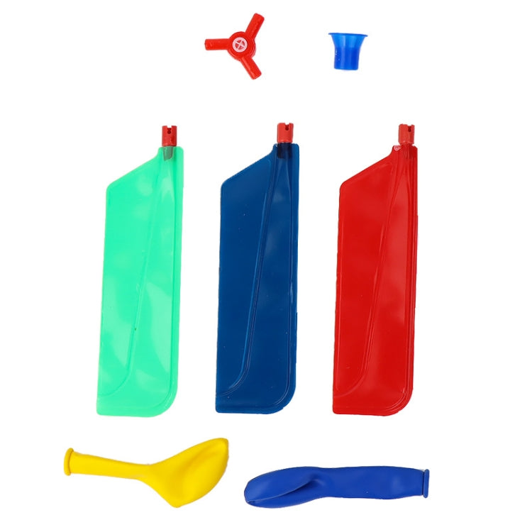 Balloon helicopter DIY kit parts: red, green, blue balloon covers plus yellow and blue balloons