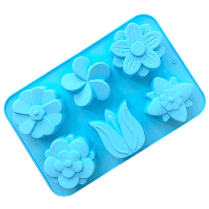 Turquoise silicone flower cake mold, 6 grids with raised petal details