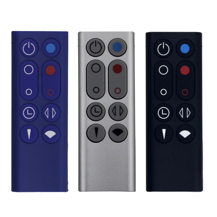 Set of air purifier remote controls in blue, silver, and black with button icons