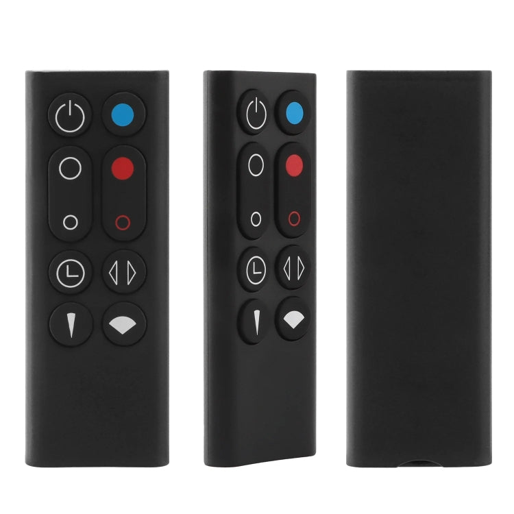 Black air purifier remote control with button icons, plus rear view