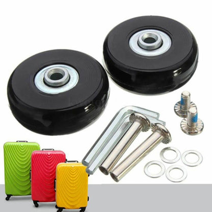 Pair of black luggage spinner replacement wheels with metal bearings and center hubs
