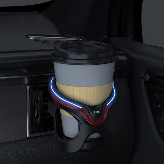 Car cup holder with gray insert and black stand, blue LED light ring