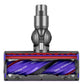 Motorized vacuum roller brush head with exposed purple roller and red edge trim