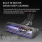 Motorized vacuum roller brush with blue hair-removal vanes and built-in motor