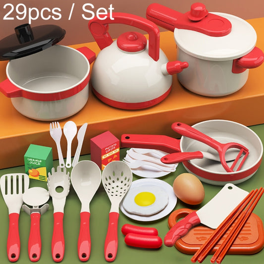 Children pretend play cooking set with red and white pots, pans, and utensils