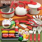 Children pretend play kitchen toy set with pots, pan, and assorted food utensils