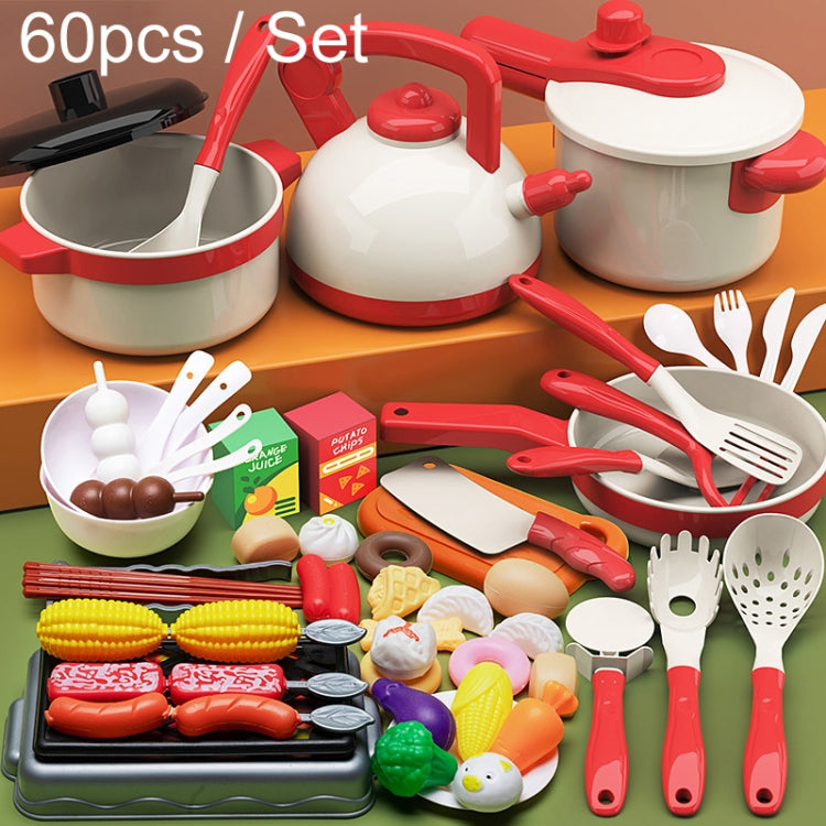 Children pretend play kitchen toy set with pots, pan, and assorted food utensils
