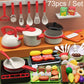 Children cooking pretend play set with red cookware, utensils, and toy ingredients
