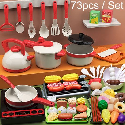 Children cooking pretend play set with red cookware, utensils, and toy ingredients